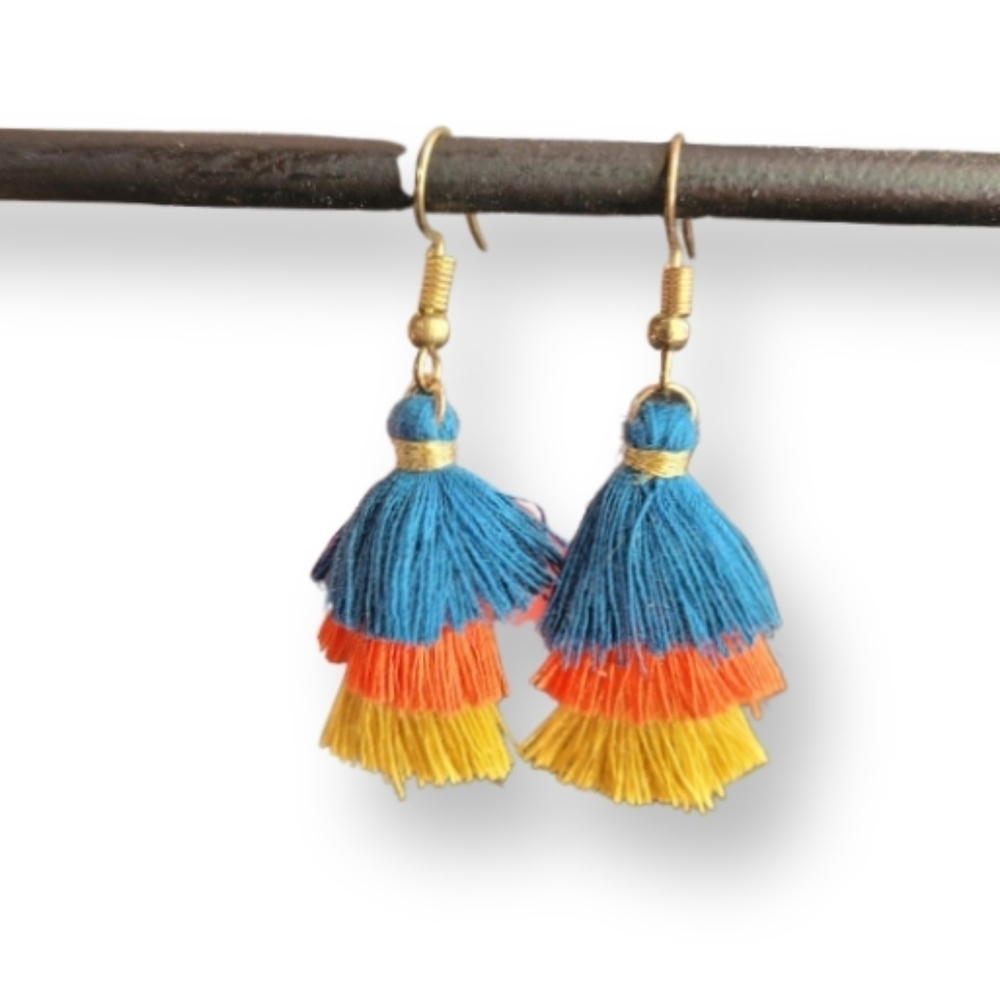 Boho Mustard Teal Tassel Earrings